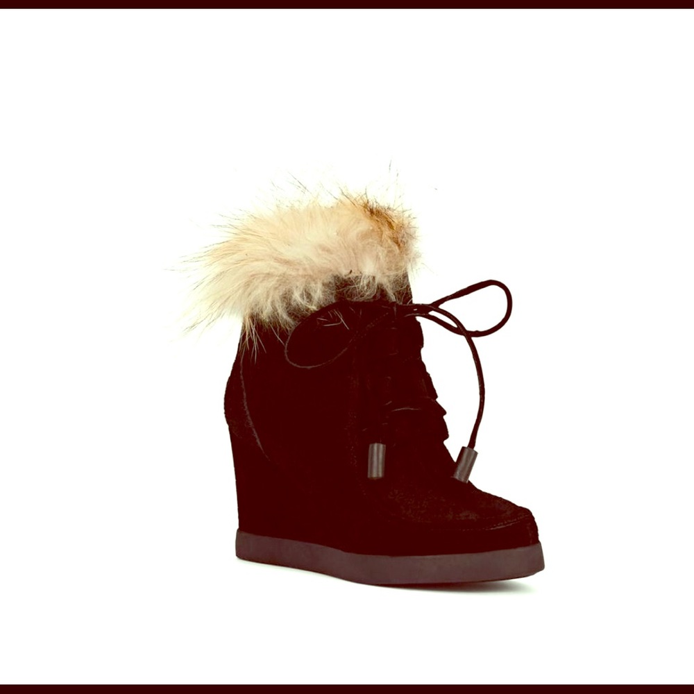 Suede black with tan faux fur wedge booties